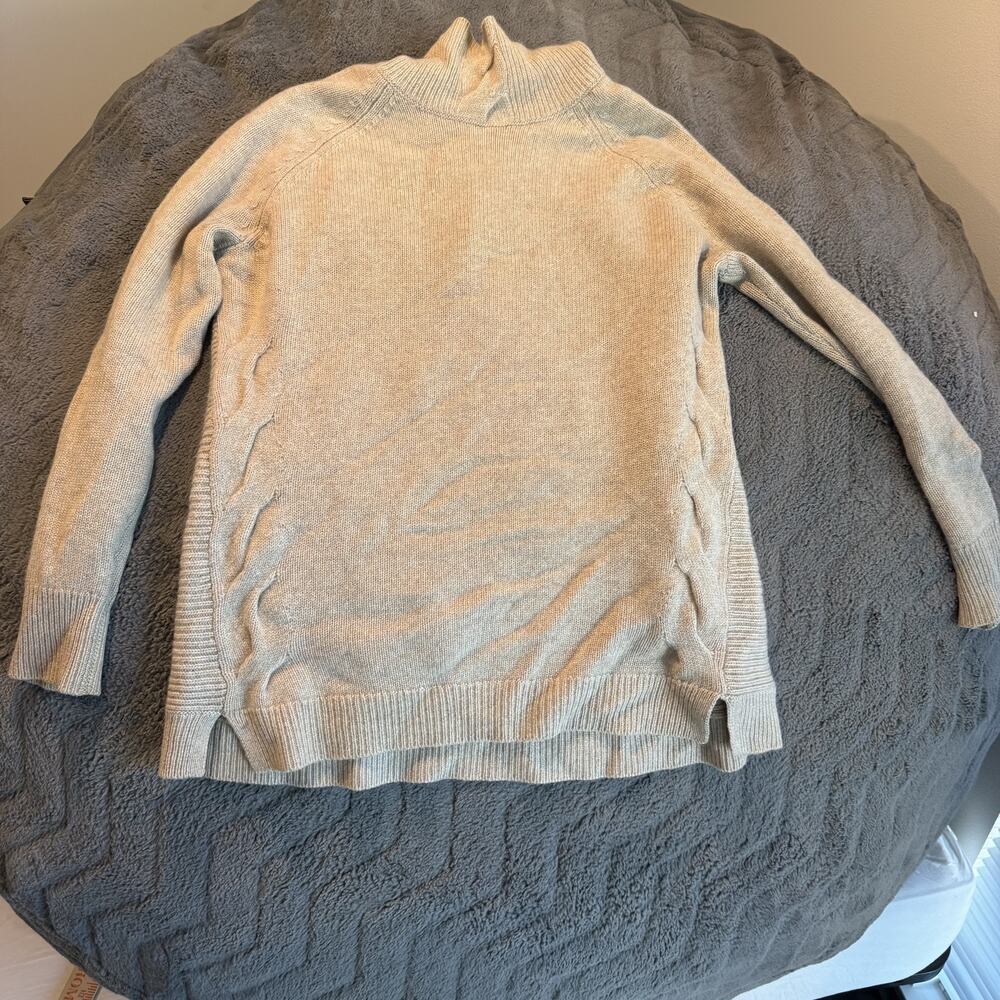 Garnet Hill Women's 100% Cashmere Turtleneck Sweater Cable Knit Beige Tan Size M